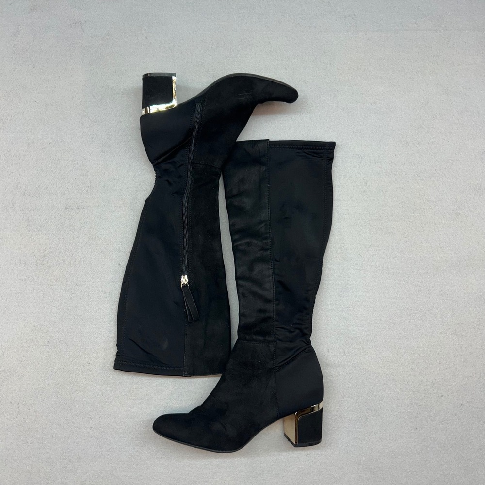 DKNY Womens Black Stretch Knee High Block Heel Boots Gold Accent Size 6.5